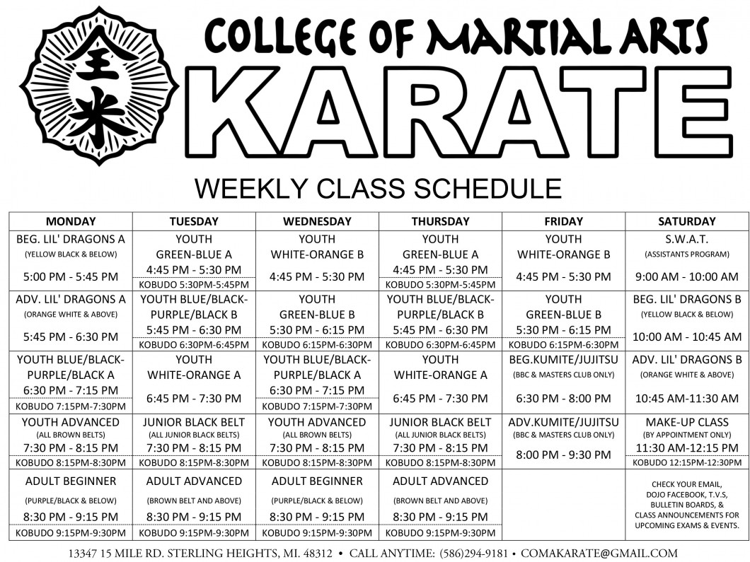 Class Schedule College of Martial Arts